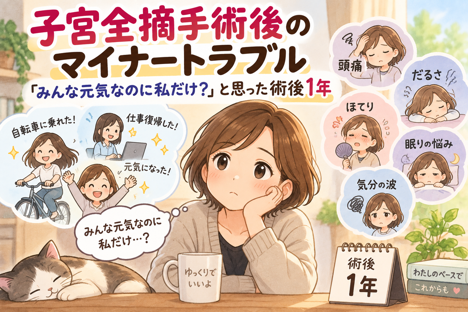 子宮全摘手術後のマイナートラブルと術後1年の回復を描いたイラスト