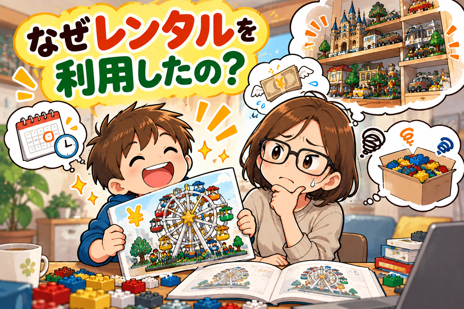 LEGOの置き場所に悩みレンタルを利用した親子のイラスト