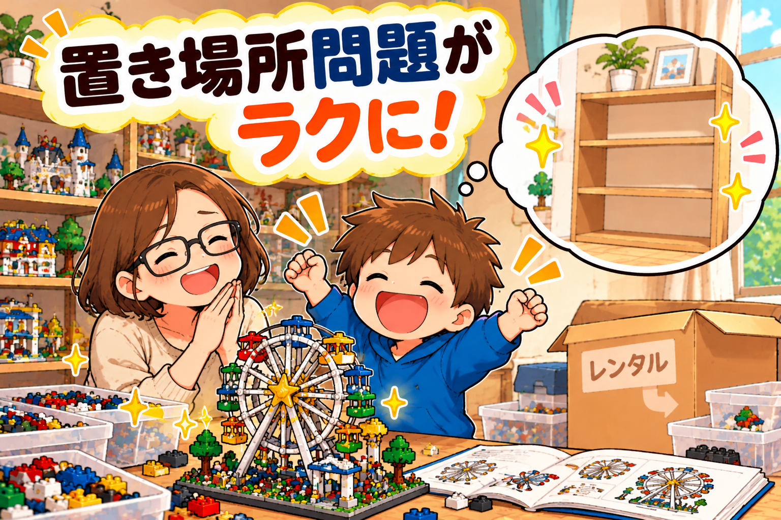 LEGOレンタルで完成品の置き場所問題がラクになった親子のイラスト