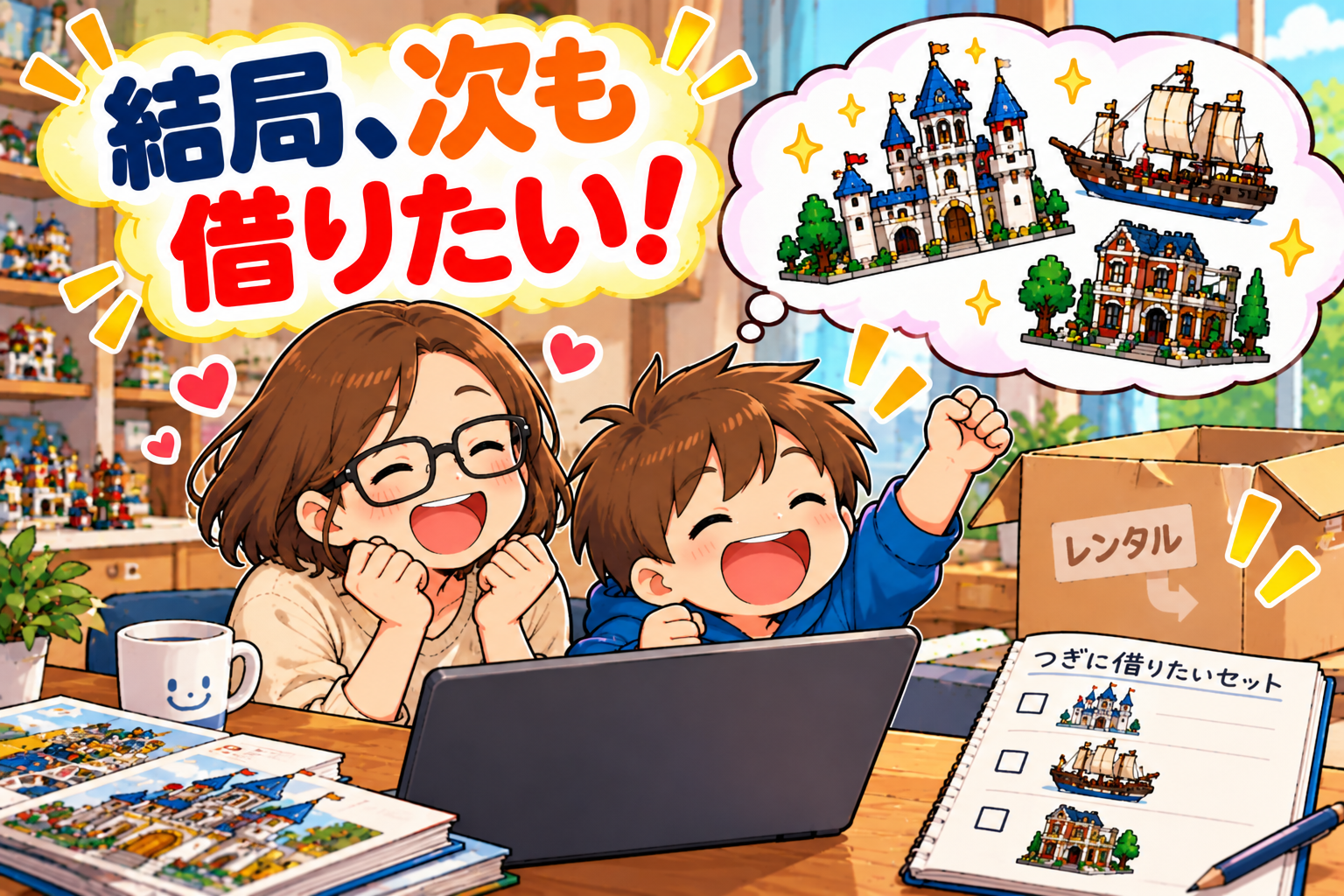 LEGOレンタルを楽しみ次のセットも借りたい小3息子のイラスト