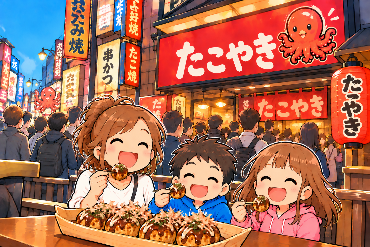 道頓堀でたこ焼きを食べる母と子どもたち