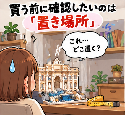 完成したレゴの置き場所を考える母親